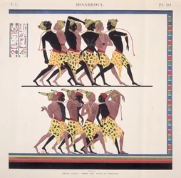 Az ibsambuli núbiai rabszolgákat ábrázoló freskók értelmezése a művész "Monuments de l"Egypte et de la Nubie" című művéből, 1835 körül