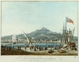 Kilátás a városra és Marseille kikötőjére a városházáról, 1815-30 körül (akvatinta)