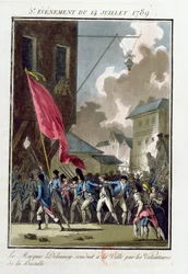 Bernard René Jordan de Launay márki (1740-89), a Bastille kormányzója, 1789. július 14-én a Hôtel de Ville-be vezetik