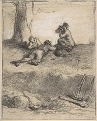 Útmunkások az ebédnél, 1850-52 körül (konte zsírkréta gouache-szal, fektetett papíron)