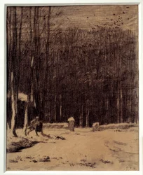 A barbizoni erdő bejárata, hóhatás. Fekete ceruzarajz. Méret: 0,28 x 0,22 m. Párizs, Musée d