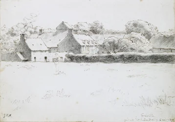 Kilátás a mezőgazdasági épületekre, 1871 (grafit fekete krétával, tollal, tintával és zsírkrétával a papíron)