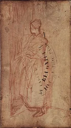 Fiatal nő ágyneműt szed le a polcról, 1850-52 körül