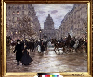 ""Boulevard Saint Michel"" Kilátás a rue Soufflot-ra és a Pantheonra a Luxembourg-kertről és a párizsi Saint-Michel körútról, taxik és elegáns párok élénkítik az utcát az esti órákban. Jean Francois Raffaelli festménye (18