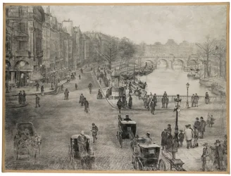 Párizs, Place de Saint Michel a Quai des Grands Augustins-szal és a Pont Saint Michellel az előtérben, valamint a Pont Neuf-pal és a Louvre-val a háttérben, 1900 körül