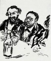 Edouard Manet festő (1832-1883) és Emile Zola író (1840-1902) az asztalnál Jean Francois Raffaelli (1850-1924) karikatúrája