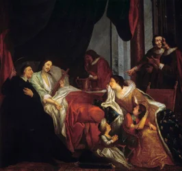 Paul Saint Vincent (1581-1660) XIII. Lajos király halálos ágya előtt Jean Francois de Troy (1679-1752) festménye, 17. századi Párizs. Lazarista küldetések