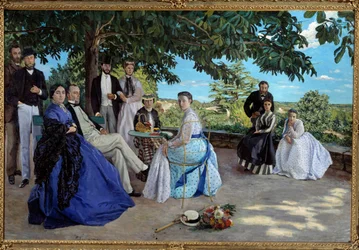Családi találkozó: egy kertben összegyűlt francia burzsoázia család portréja. Balról jobbra: Jean Frederic Bazille, nagybátyja, Monsieur des Hours, anyja és apja, unokatestvére, Pauline és férje, Monsieur Teulon, nagynénje, Madame des Hours és