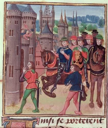 Roy 18 E II f.390 Henry Bolingbroke (IV. Henrik) belép Londonba, IV. Edwardért kivégezték a IV. kötetből (1389-1400 közötti időszak), Jehan Froissart, 1460-80 körül