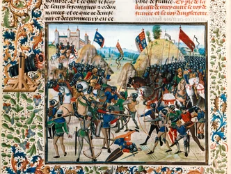 A crécyi csata: Edward, a Fekete Herceg vezeti az angol hadsereget, benne hosszúíjászokkal, az erős francia csapatok ellen