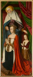 Anne de Beaujeu és lánya, Suzanne, Sainte Anne-nel, részlet. Moulins mesterének triptichonja
