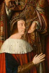 II. Péter Bourbon herceg, részlet. Moulins mesterének triptichonja