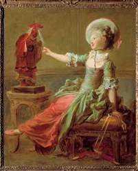 Egy fiatal lány a haját húzó kínai szoborral szórakozik. Jean Honore Fragonard (1732-1806) festménye 18. századi magángyűjtemény
