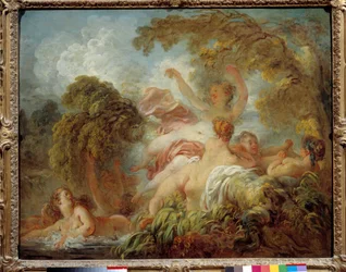 Fürdőzők. Fürdőző meztelen fiatal nők csoportja. Jean Honoré Fragonard (1732-1806) festménye, 18. század. Nap. 0,64 x 0,8 m