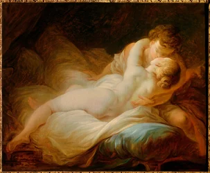 Erotika: „A vágy pillanata” vagy „Boldog szerelmesek”. Egy ágyban csókolózó pár. Jean Honoré Fragonard (1732-1806) festménye, 18. század. Magángyűjtemény