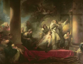 Coresus főpap feláldozza magát Callirhoe megmentéséért, jelenet Pausanias „Görögország leírása” című művéből (Kr. u. 2. század), 1765