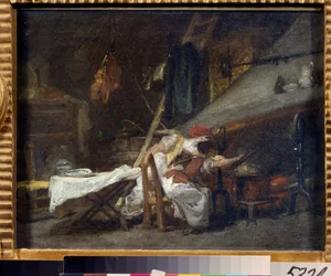 "Pres du poele" (A tűzhelynél) Jelenet egy konyhában, a tűzhely közelében, a szakácsok egy edényben főznek. Jean Honore Fragonard (1732-1806) festménye. Olajfestmény. Rokokó. Puskin Múzeum, Moszkva