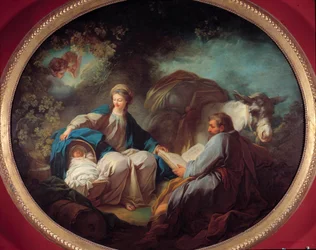 Pihenés az egyiptomi repülés alatt A szent család pihen az utazás során. Jean Honore Fragonard (1732-1806) festménye 18. századi magángyűjtemény