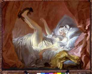 A gimblette. A gimblette gyűrű alakú sütemény. A lány az ágyán fekve egy kutyával játszik, és ezt a süteményt nyújtja neki. Jean Honoré Fragonard (1732-1806) festménye, Párizs, Fonds Cailleux