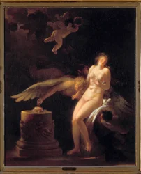 A rózsa áldozata. Meztelen fiatal nő áldozati oltár előtt, amelyen egy rózsa (a szüzessége?) és egy szárnyas lény fekszik. Jean Honoré Fragonard (1732-1806) festménye. 18. század. Magángyűjtemény