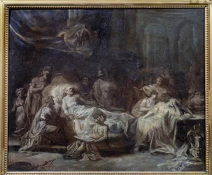 A végrendelet család újra egyesült egy idős férfi körül, akinek kínja diktálta akaratát. Jean Baptiste Fragonard (1732-1806) előkészületi rajza, 18. századi Reims, Musee des Beaux Arts