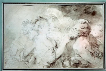 Fiatal lányok birkózó szatírával Fiatal nők szórakoznak szatíra szakállal. Jean Honore Fragonard (1732-1806) rajza a Bistre Wash-ben, 18. századi magángyűjtemény