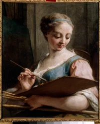 A festmény allegóriája Egy fiatal nő, aki palettát tart. Jean Restout (1692-1768) festménye 18. század V. 0,54x0,45 m Saint Quentin, Musee Lecuyer