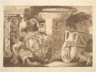 Kompozíció antik töredékekkel és egy dőlt vázával, a Recueil de Compositions..., 1782-84.