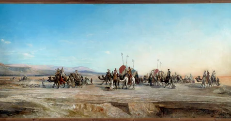 Nomádok és tevék kempingező karavánjait keresem a sivatagban. Jean Joseph Bellel (1816-1898) festménye 19. századi Montpellier, Musee Fabre - Tábort keresünk. Nomád karavánok és tevék a sivatagban. Jean Joseph Bellel (1816-1898) festménye