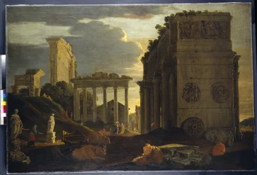Capriccio-kép alakokkal a diadalív mellett, valamint a Szaturnusz és a Jupiter Tonans templomaival (olaj, vászon)