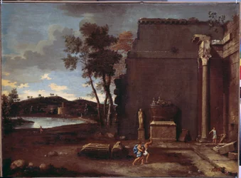 Táj egy szarkofággal. Jean Le Maire (1597-1659) festménye. Francia művészet, olaj, vászon. Ermitázs Múzeum, Szentpétervár