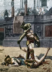 Gladiátorok a római arénában. A nézők arra figyelmeztetik a győztest, hogy ne kímélje legyőzött ellenfelét, hanem ölje meg. Jean Léon Gérôme (1824-1904) festményének részlete nyomán készült metszet