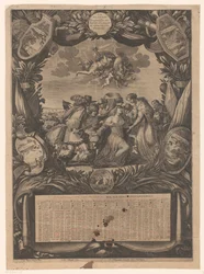 1659-es naptár: Allegória Flandria XIV. Lajosnak való behódolásáról 1659-es naptár: Flandria XIV. Lajosnak való átadásának allegóriája Almanach, pour l