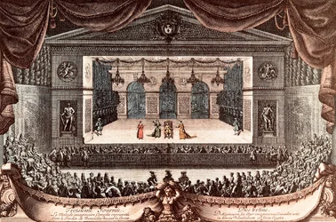 Jean Baptiste Poquelin dit Moliere Versailles-ban "A képzeletbeli rokkant" (színes metszet)