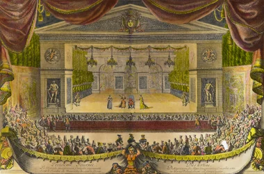 Képzelt betegek ábrázolása Versailles-ban Jean Baptiste Poquelin dit Moliere (1622-1673) darabjának ábrázolása Thetis (Thetys) barlangja előtt a versailles-i kertekben XIV. Lajos király jelenlétében, hely a központban