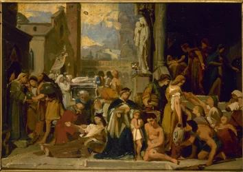 A Szent Erzsébet-templom vázlata: Az irgalmasság hét műve, 1848 előtt (olaj)