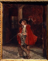 "Le swashbuckler vörös köpenyben" (Swashbuckler vörös köpenyben) egy testőr, a kardpárbaj szerelmese, aki közömbösen egy oszlopnak dől. Ernest Jean Louis Meissonier (1815-1891) festménye, 19. századi Puskin Múzeum, Moszkva