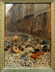 Az 1848-as forradalom: „A barikád a Rue de la Mortellerie-n 1848 júniusában, avagy emlék a polgárháborúról”, 1848, 0,29 x 0,22 m, Párizs, Louvre Múzeum