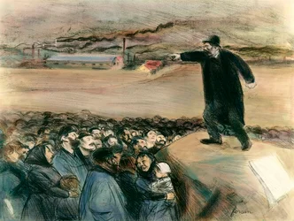 Agitátor a munkások előtt. A munkásmozgalom egyik vezetője beszédében a munkások jogait követeli. 20. század. Magángyűjtemény