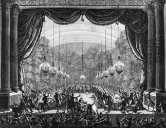Francia forradalom: A testőrök bankettje 1789. október 1-jén a versailles-i kastély operatermében, hogy megünnepeljék bajtársaik érkezését a flandriai ezredből. Berthaut metszete Prior után. Párizs, az Institute of His könyvtára
