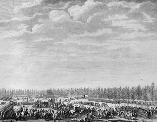 Francia forradalom: Gilbert du Motier, de la Fayette márki (1757-1834) kétszáz katonát fegyvertelenített le fegyelmezetlensége miatt a párizsi Champs Elysees-n 1790. január 12-én. Berthaut metszete Prior után. Párizs, R. Történeti Intézetének Könyvtára