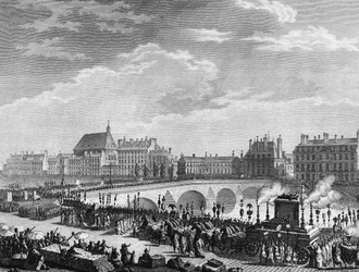 Francia forradalom: Francois Marie Arouet dit Voltaire (1694-1778) diadala 1791. július 11-én (a Voltaire maradványait tartalmazó funebre tank a Királyi hídon található). Berthaut metszete Prior után. Párizs, a Történeti Intézet könyvtára