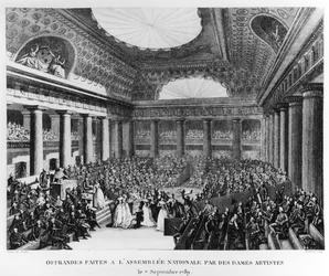 Női művészek által a Salle des Menus-Plaisirs-ben a Nemzetgyűlésnek átadott felajánlások, 1789. 09. 07., metszette Pierre Gabriel Berthault (1737-1831)