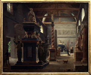 A Musee des Monuments Francais bemutatkozó terme a Petites Augustins rue Bonaparte kolostorában Párizsban Jean Lubin Vauzelle festménye (1776-1837) 1812 V. 0,6x0,75 m Párizs, Musee Carnavalet.