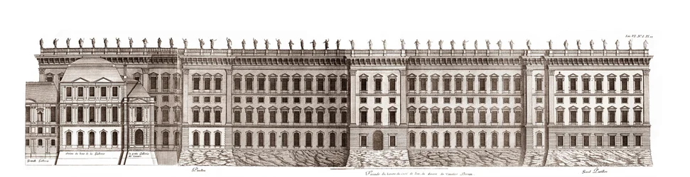 A párizsi Louvre, Gian Lorenzo Bernini projektje: a Szajnára néző főhomlokzat megemelkedése - Jacques-Francois Blondel "" Architecture francoise"-ból - a Szajna főhomlokzatának emelkedése - Bernin projektje - Jean Marot metszet