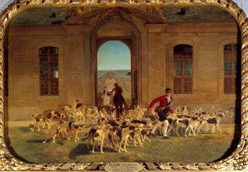 Jean Maxime Claude (1824-1904) Chantilly Painting nagyistállójából távozó falka 1865 V. 0,66x0,91 m Chantilly, Musee Conde