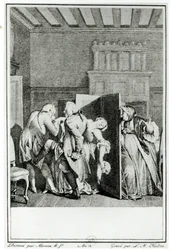 A báró... néhány figyelemre méltó rúgással üdvözölte Candide-ot, és kiűzte az ajtóból. Illusztráció Francois Voltaire (1694-1778) Candide című könyvének 1. fejezetéből, Louis Michel Halbou metszetével (