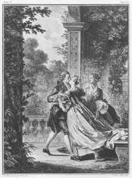 A szerelem első csókja, I. kötet, 37. oldal, illusztráció Jean-Jacques Rousseau (1712-78) „La Nouvelle Héloïse“ című művéből, metszette Noël Le Mire (1724-1800)