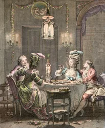 Le supper fin - metszet Moreau Jean Micheltől, le Jeune (1741-1814) - az ínyenc vacsora, Isidore Stanislas Helman (1743-1809) metszete 1781 Moreau, ifjabb Jean Michel (1741-1814) nyomán