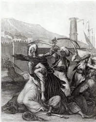 „A kapitányom mögöttem rejtőzött, és kihúzott szablyájával mindenkit levágott, aki ellenezte” – illusztráció Francois Voltaire (1694-1778) „Candide” című művének 11. fejezetéből (metszet) (f/w fotó)